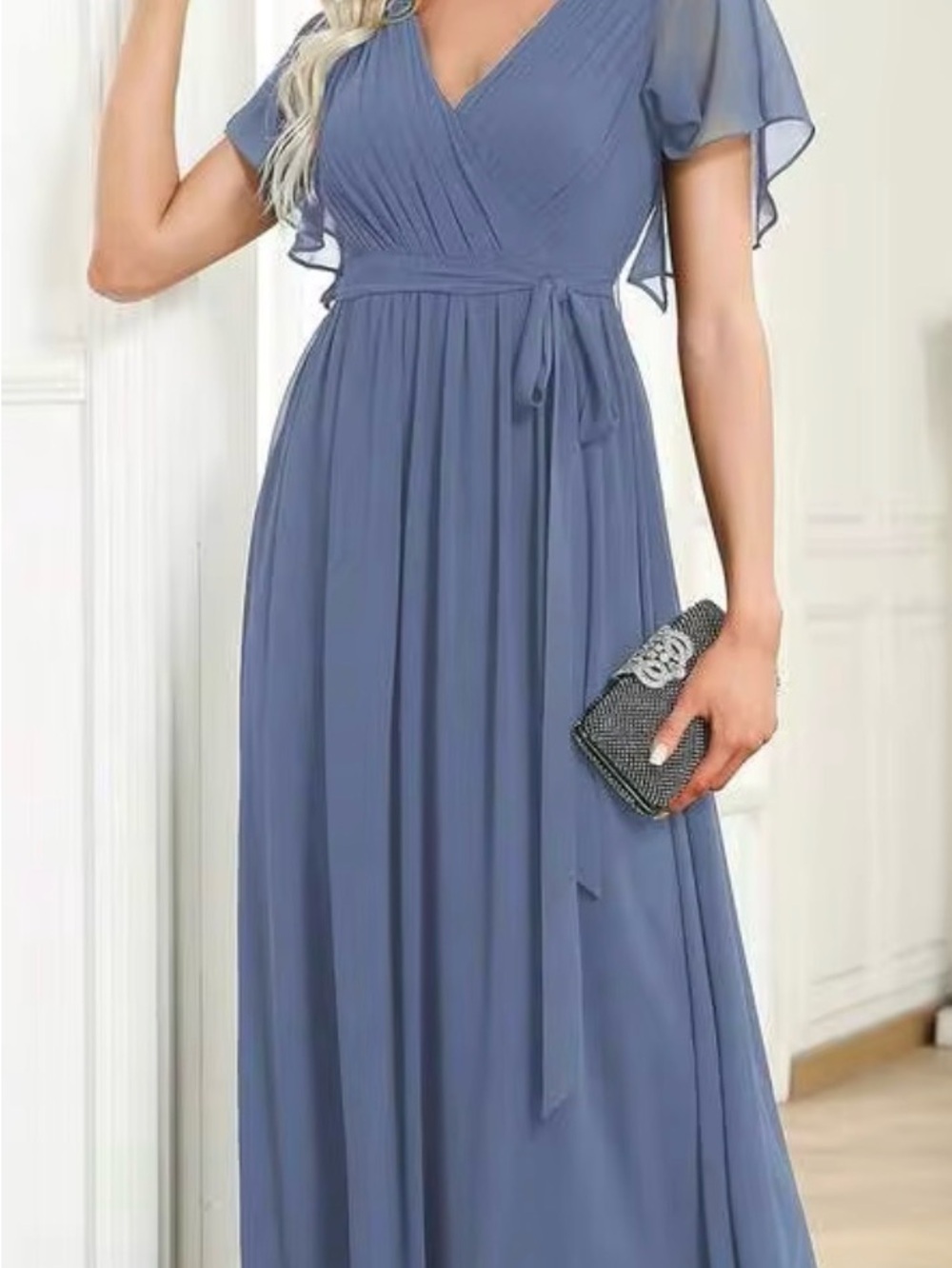 Dusty Blue V-Neck Wrap Maxi Dress